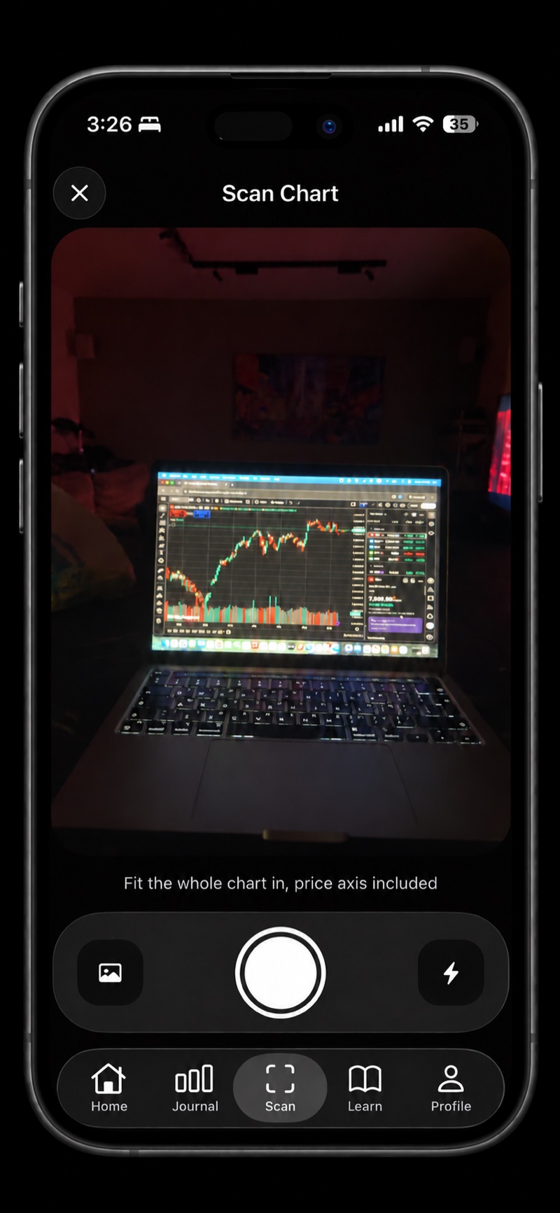 An iPhone running ChartPeak, its camera pointed at a candlestick chart on a laptop screen